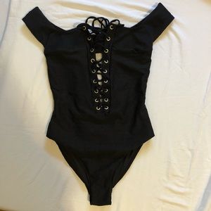 Blue Life Textured Black Off Shoulder One Piece